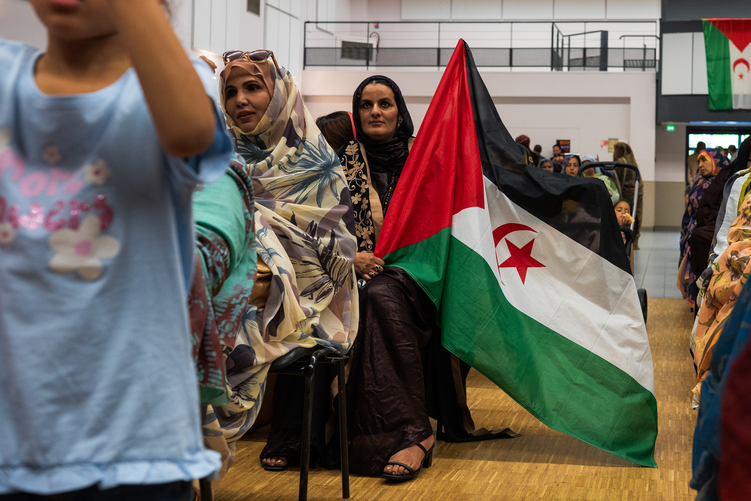 People seated with a Western Sahara flag indoors.