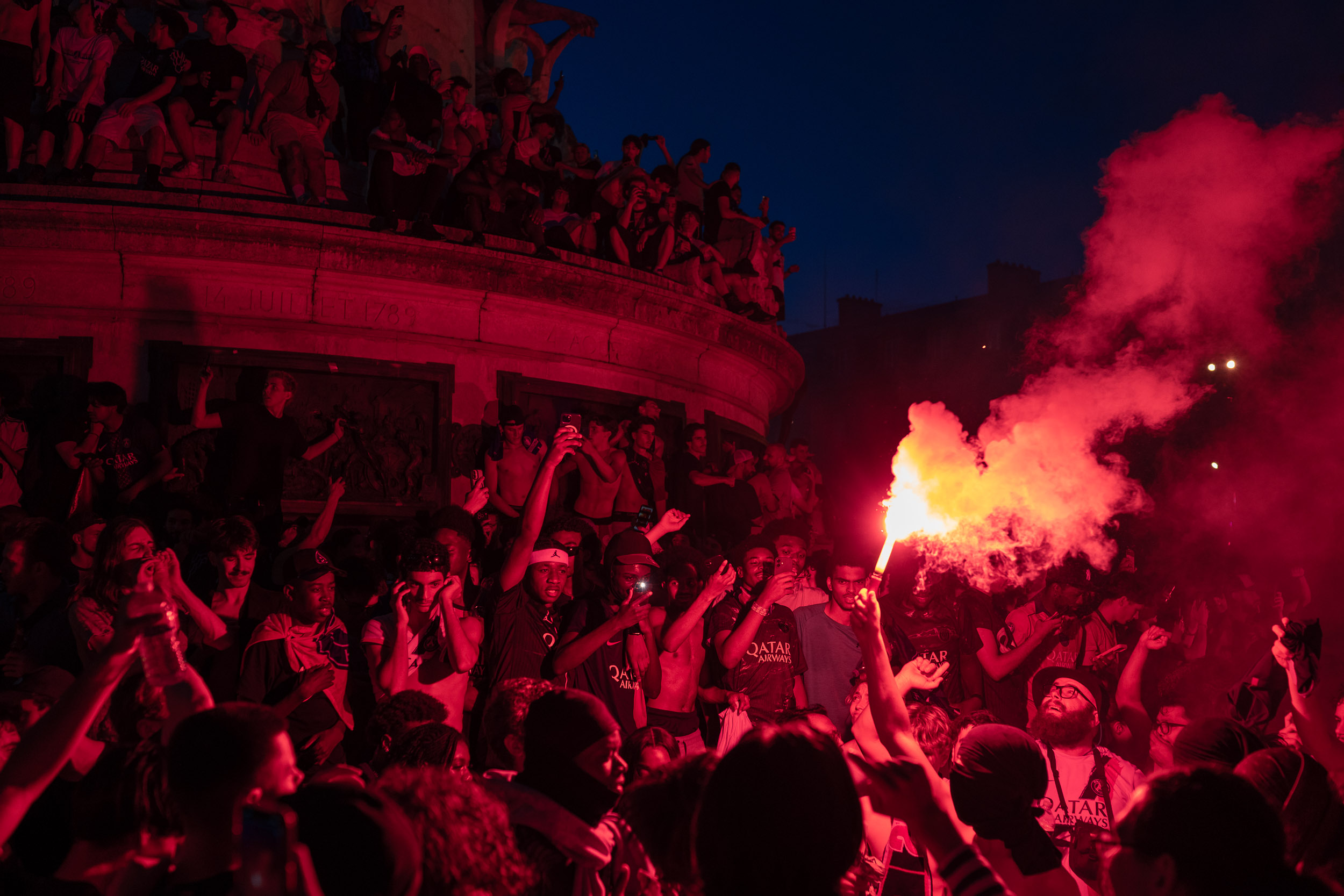 PSG supporters celebrating the UEFA Champions League win in Paris, June 2026.
