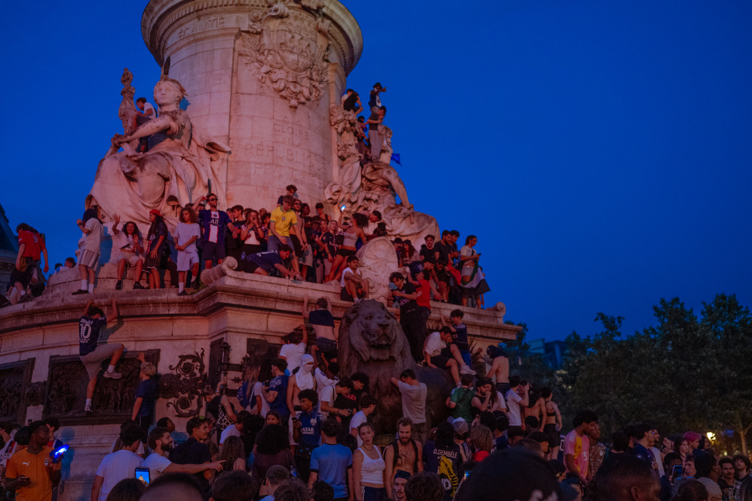 PSG supporters celebrating the UEFA Champions League win in Paris, June 2026.