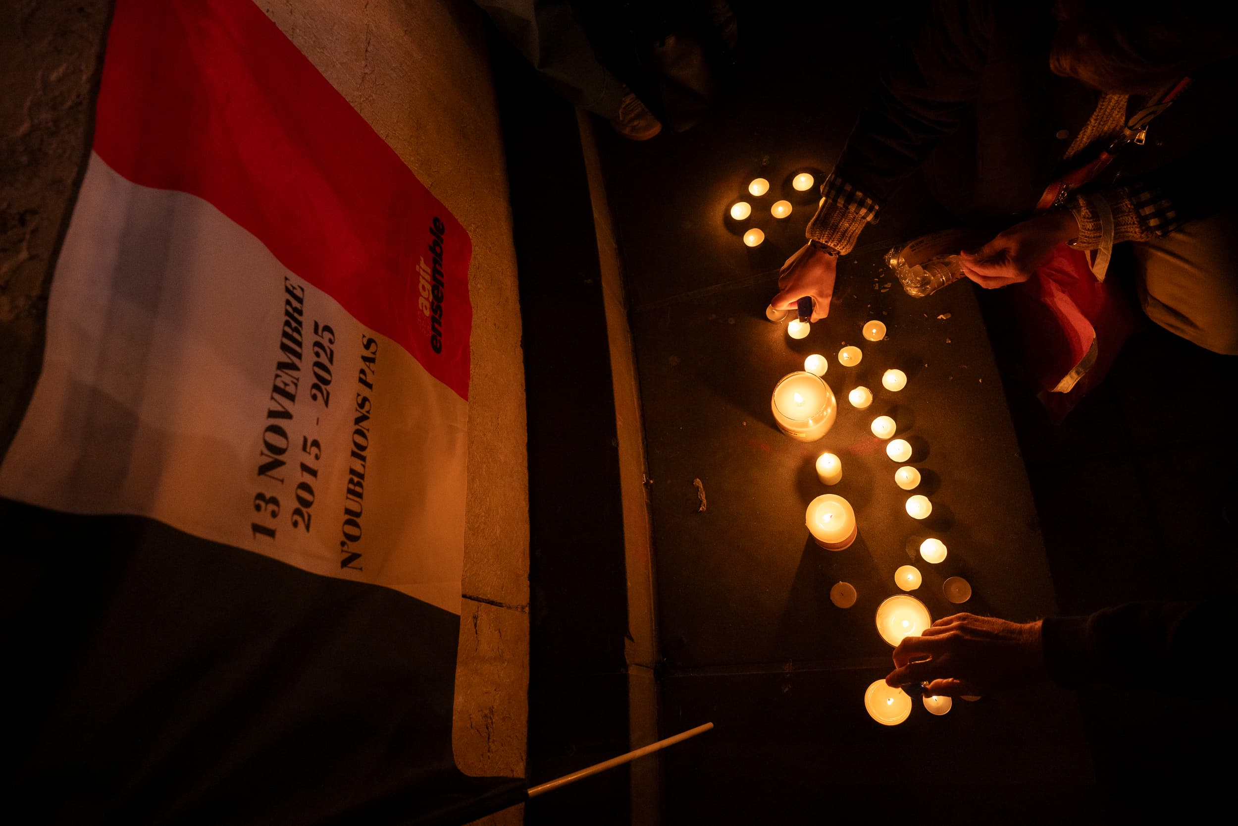 Commemoration marking the 10th anniversary of the November 2015 Paris attacks, Place de la Republique, Paris, November 2025.