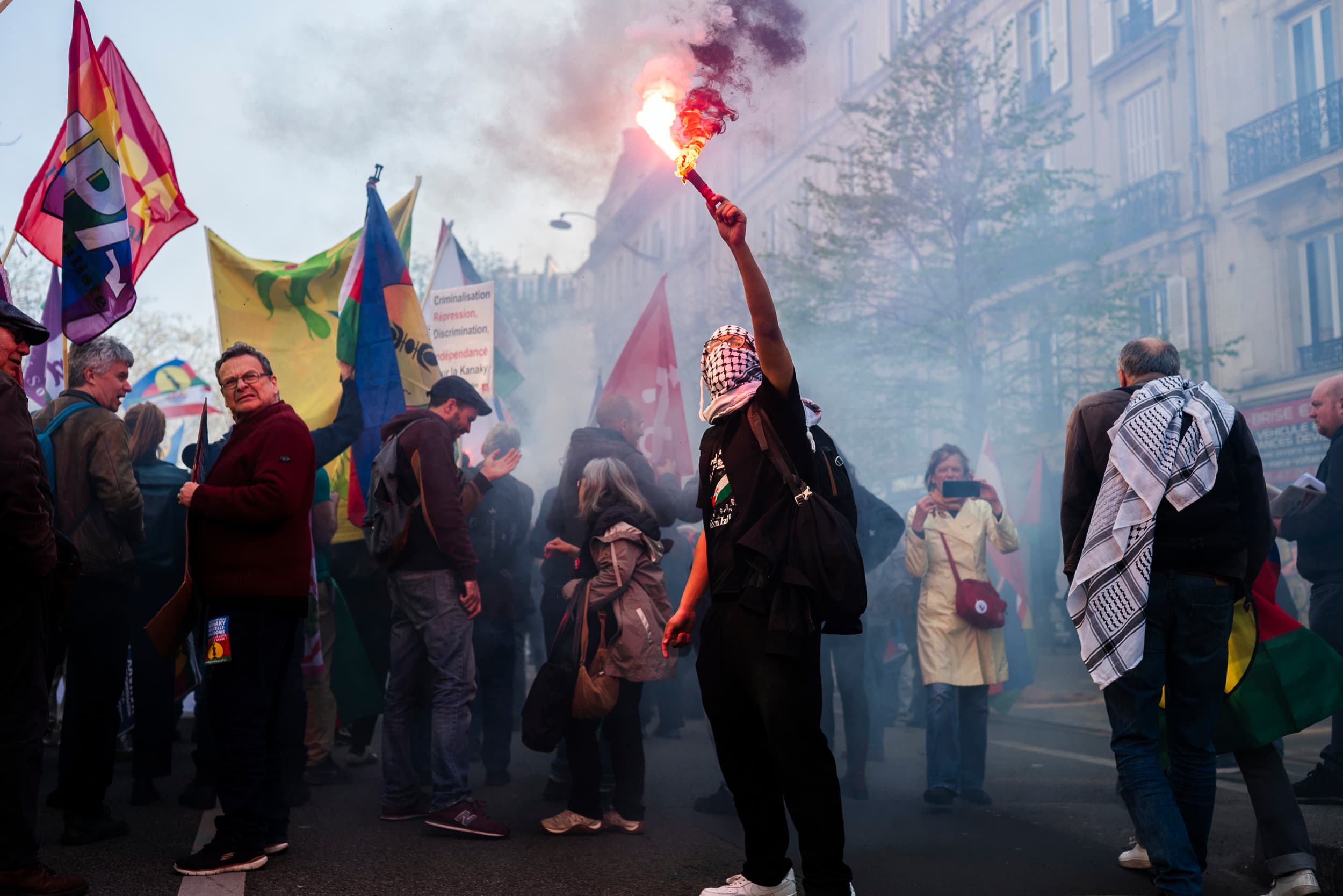 Prisoner solidarity protest at Place de la Republique, Paris, March 2026.
